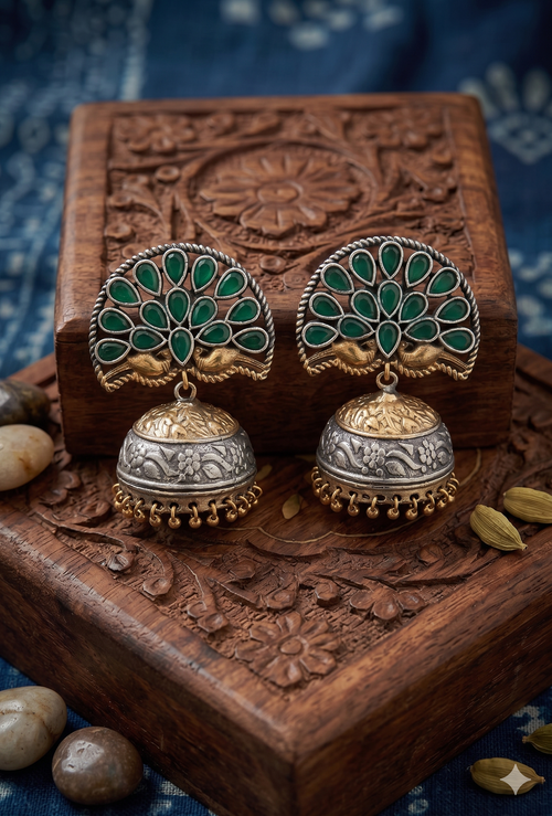 Antique Dual-Tone "Mayur" Peacock Jhumkas with Emerald-Green Stones