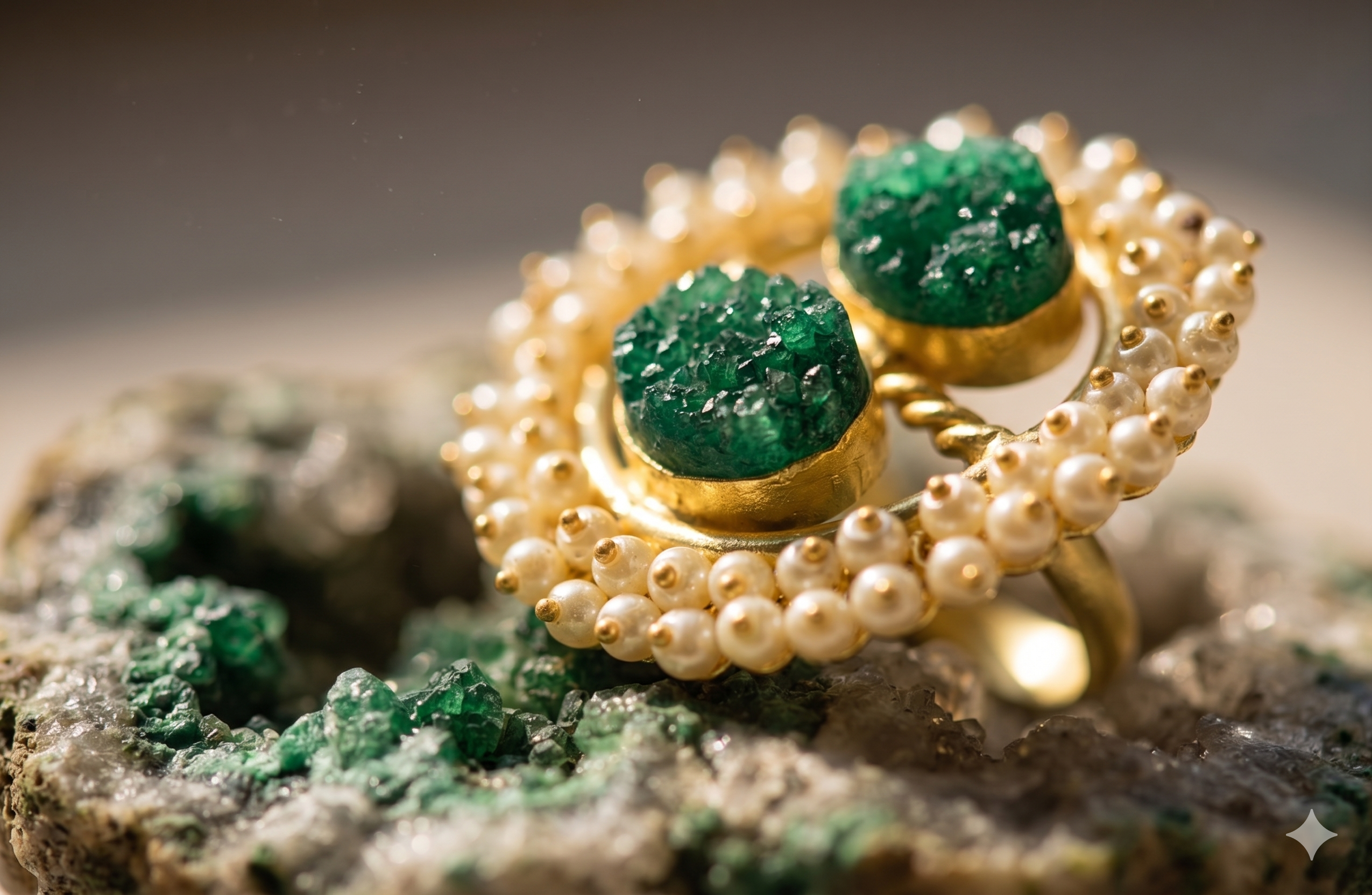 Handcrafted Gold-Tone Statement Ring with Vibrant Blue Druzy Stones and Pearl Halo (Copy)