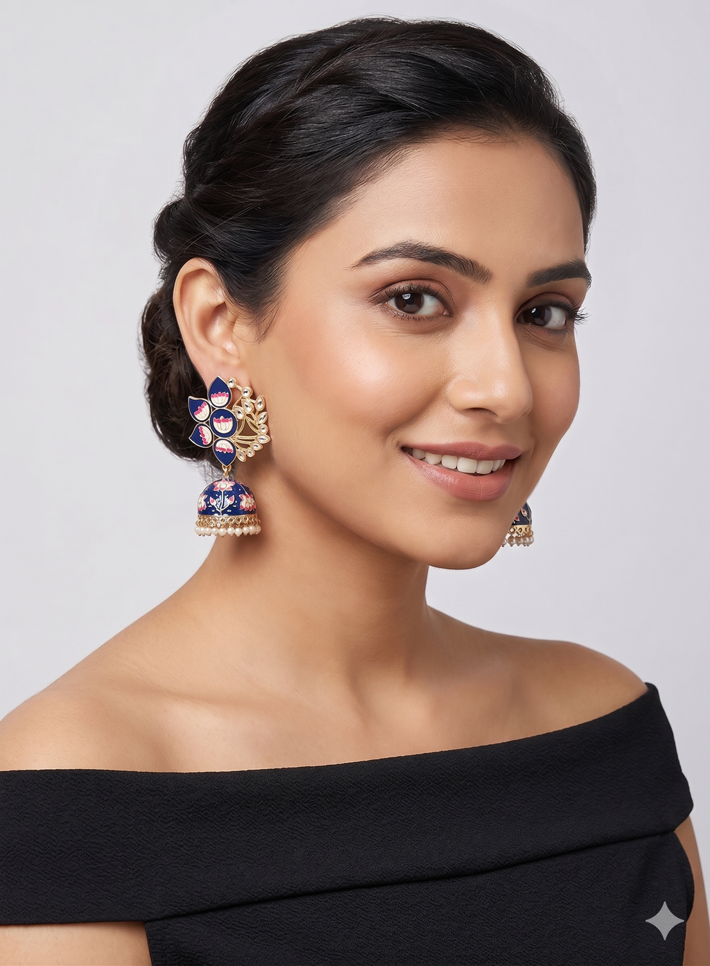 Meenakari Lotus Jhumka Earrings with Kundan Accents – Royal Blue