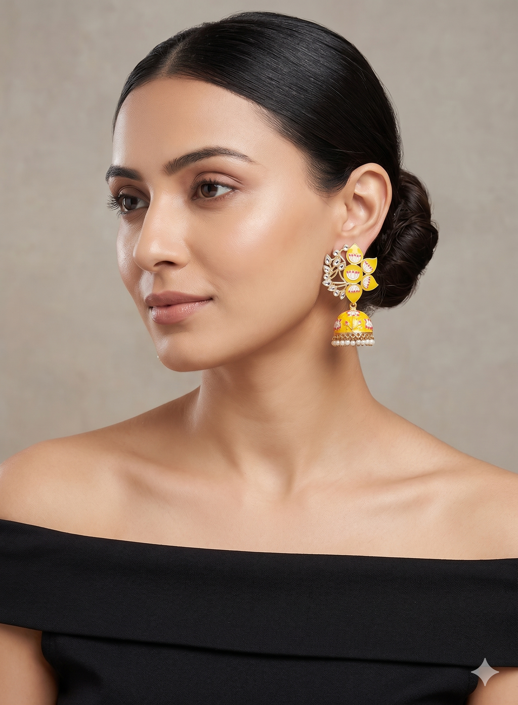 Handcrafted Yellow Meenakari Lotus Jhumka Earrings with Kundan Accents