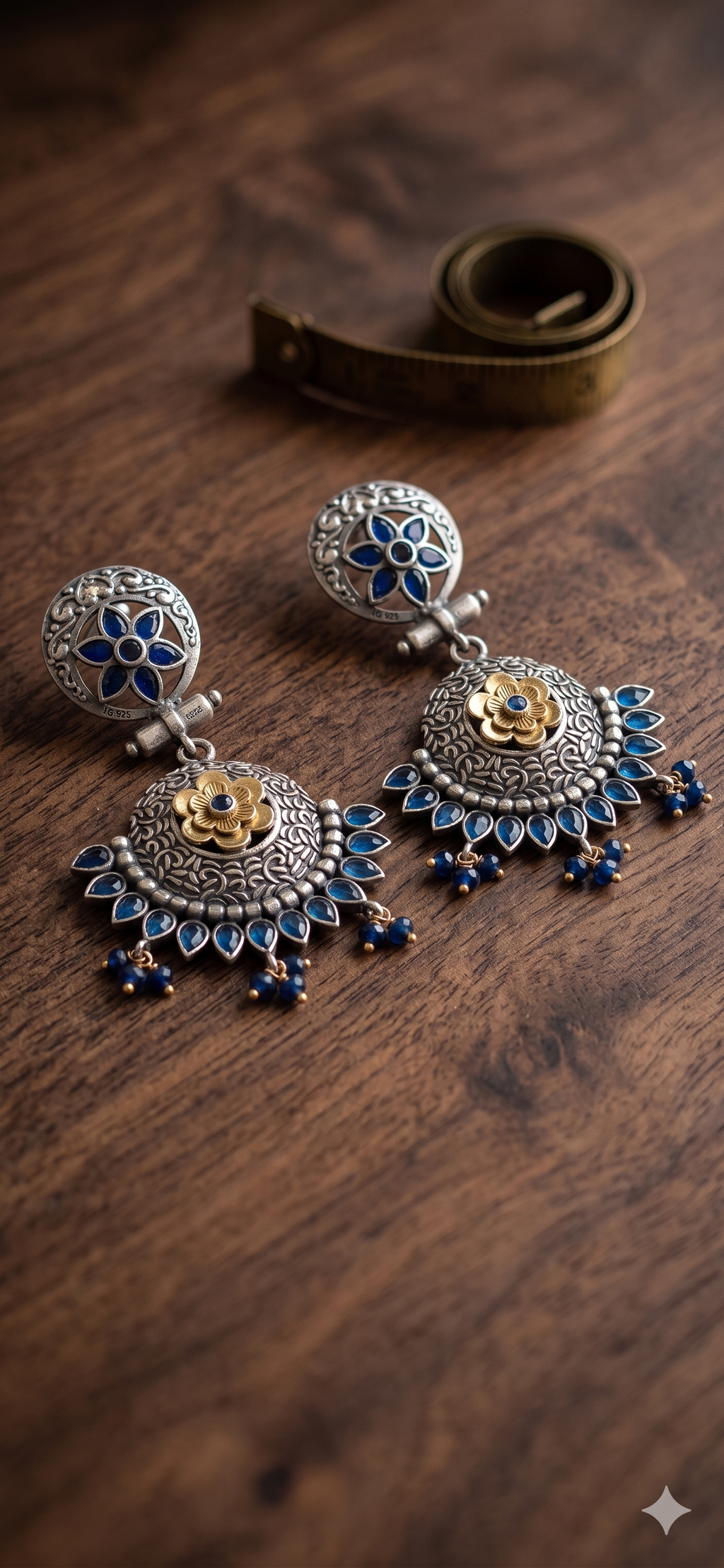 Vintage Oxidized Silver Jhumka Earrings with Blue Stones and Floral Accents