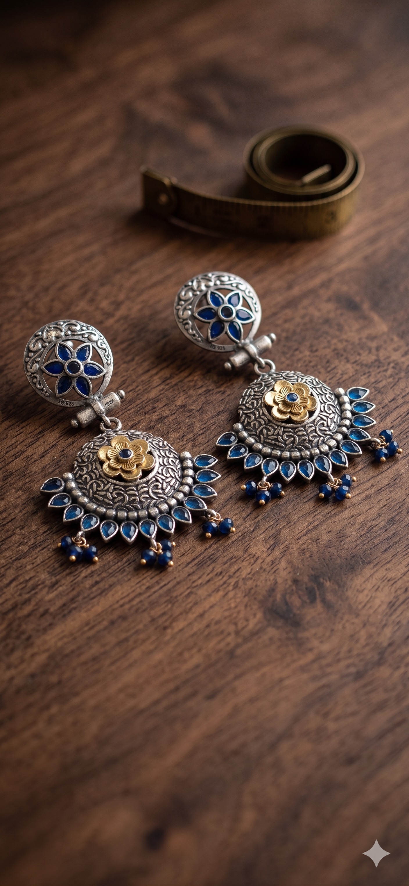 Vintage Oxidized Silver Jhumka Earrings with Blue Stones and Floral Accents