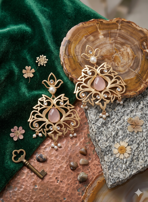 Aura 18K Gold-Plated Filigree Chandelier Earrings with Rose Quartz & Pearls