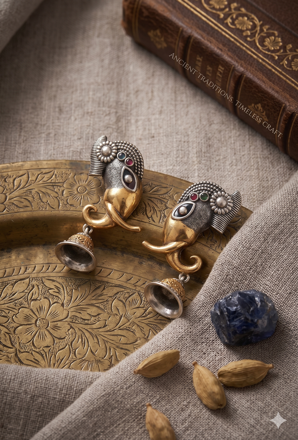 Dual-Tone Ganesha Jhumkas in Oxidized Silver & Gold Finish