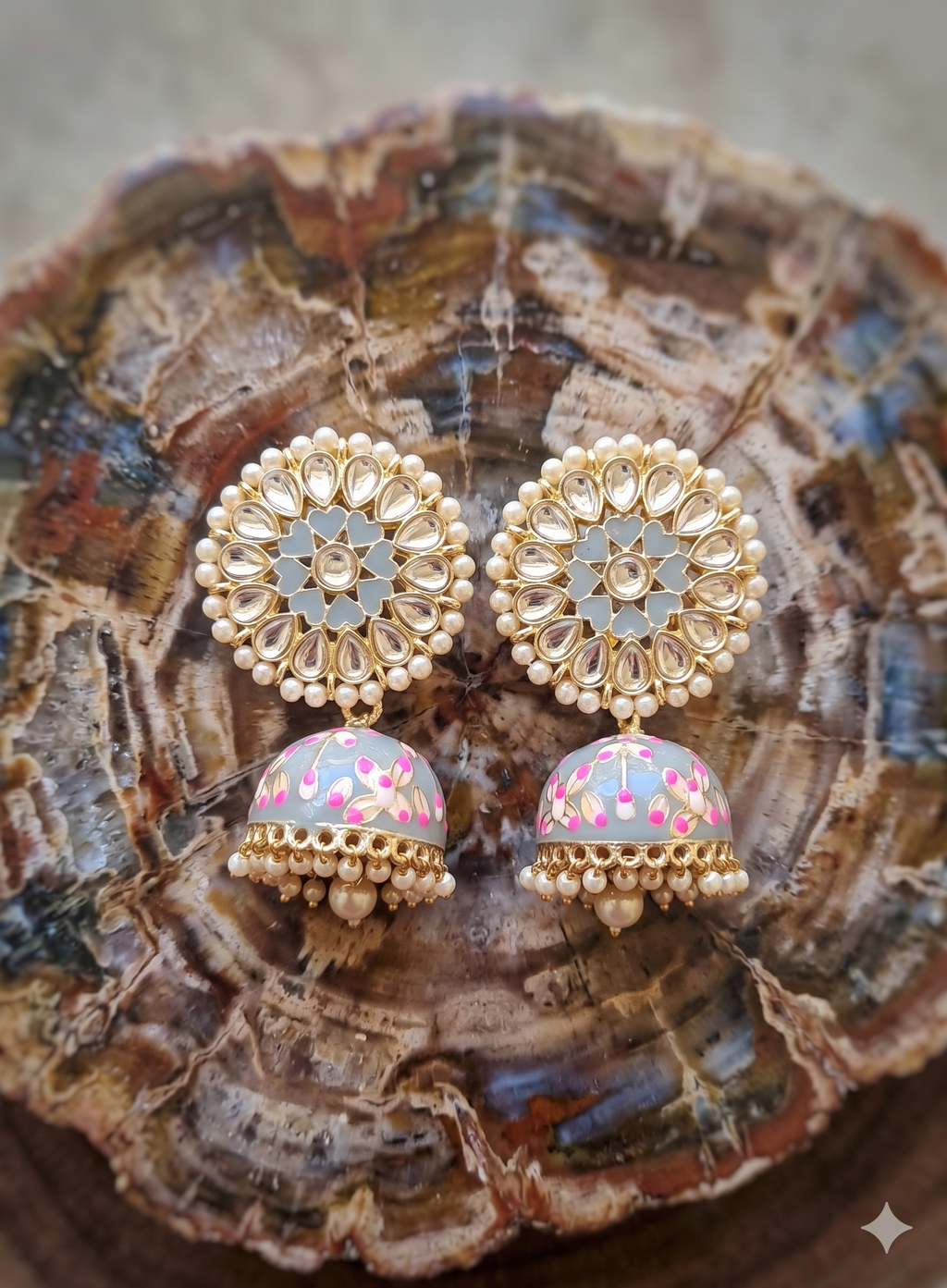 Pastel Grey Meenakari Jhumka Earrings with Kundan & Pearl Accents