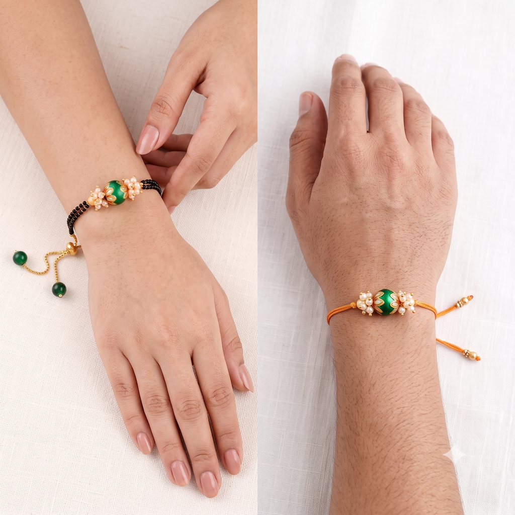 Handcrafted Rakhi and Lumba Set – Green Meenakari & Pearl Couple Rakhi (Bhaiya Bhabhi Set)