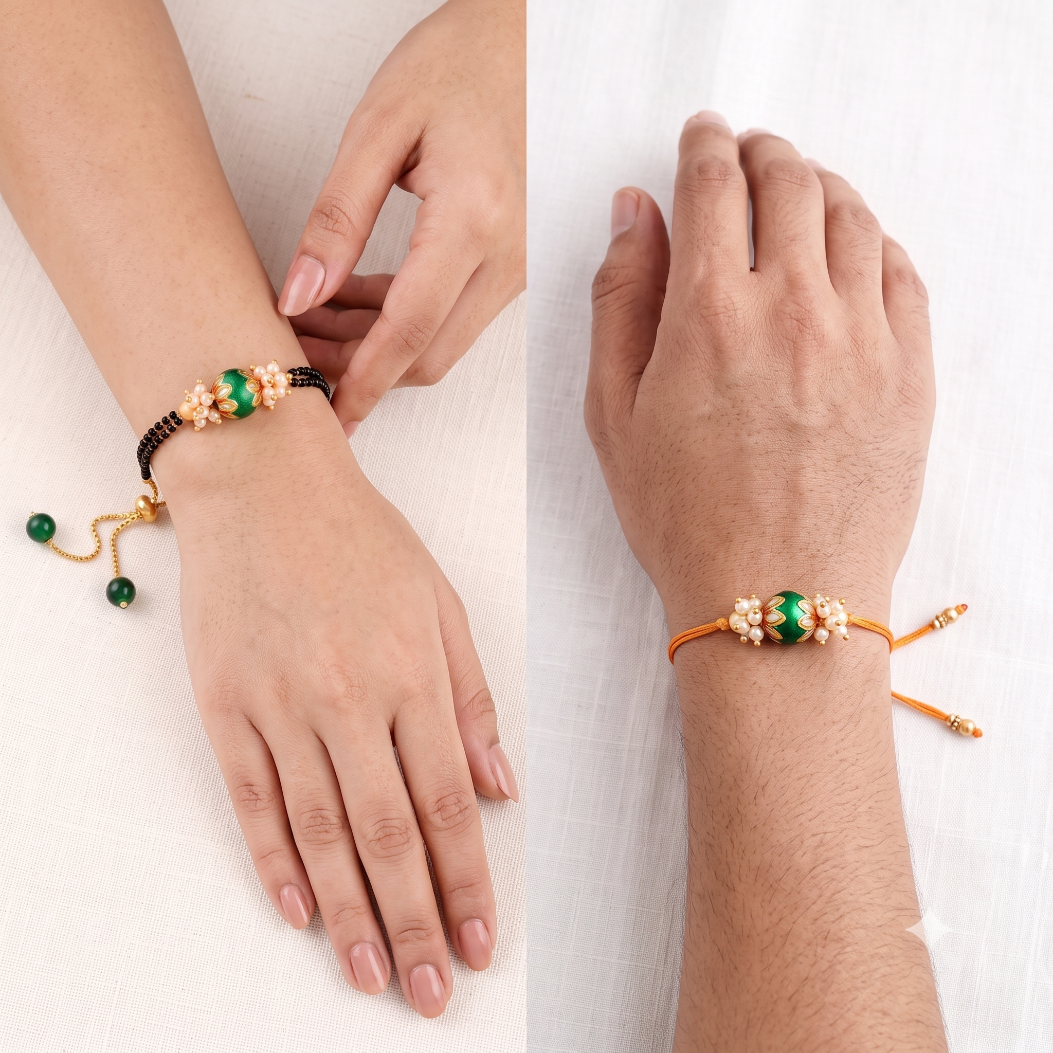 Handcrafted Rakhi and Lumba Set – Green Meenakari & Pearl Couple Rakhi (Bhaiya Bhabhi Set)