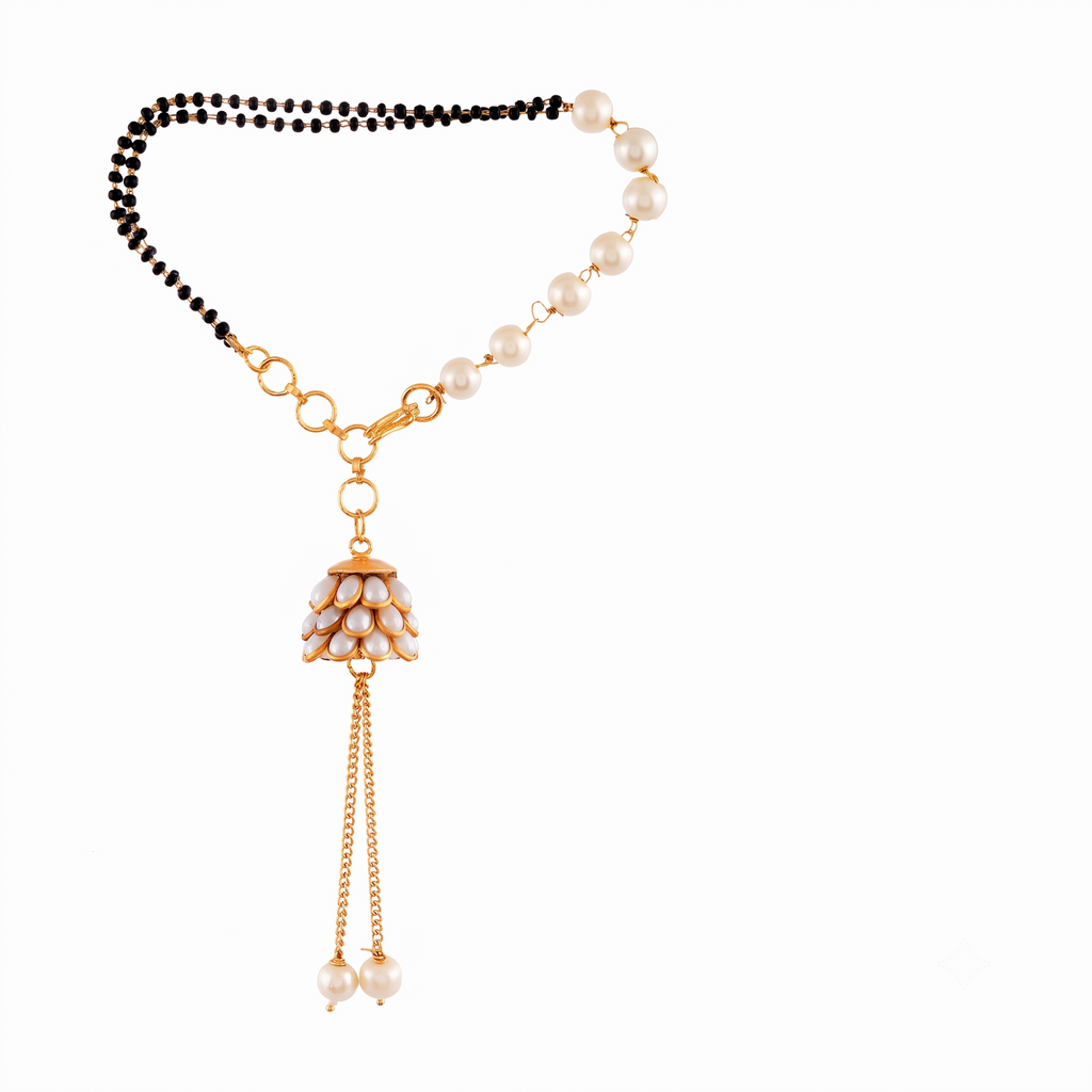 Elegant Pearl & Black Bead Mangalsutra Bracelet and Floral Rakhi Gift Set for Sister