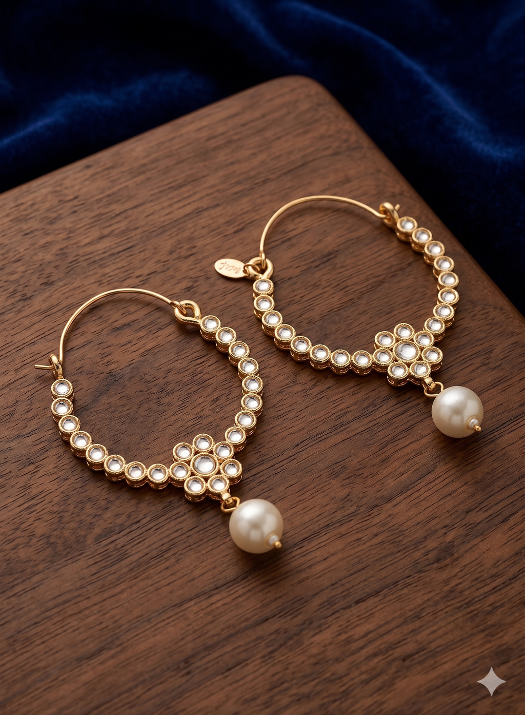 Traditional Floral Kundan Hoops with Droplet Pearl Accents