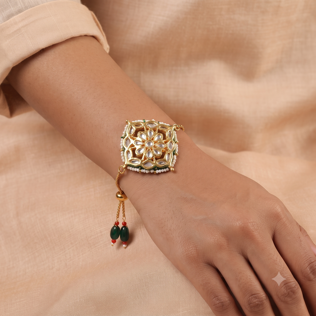 Handcrafted Kundan & Pearl Adjustable Rakhi Bracelet – Premium Festive Gift