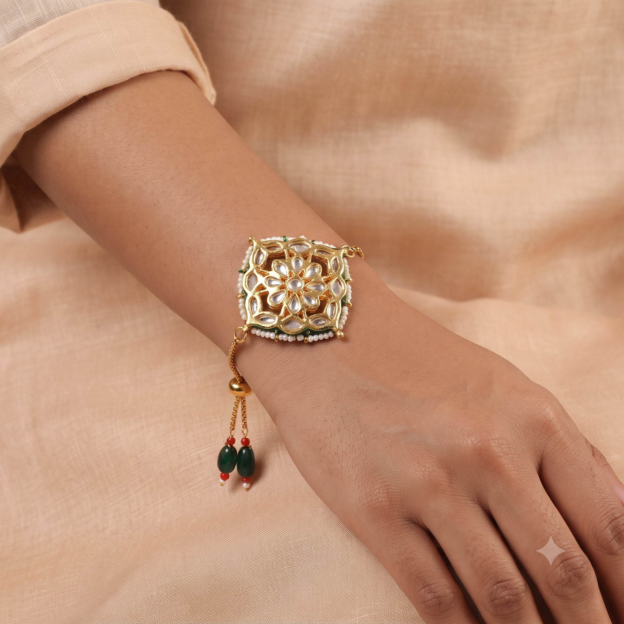 Handcrafted Kundan & Pearl Adjustable Rakhi Bracelet – Premium Festive Gift