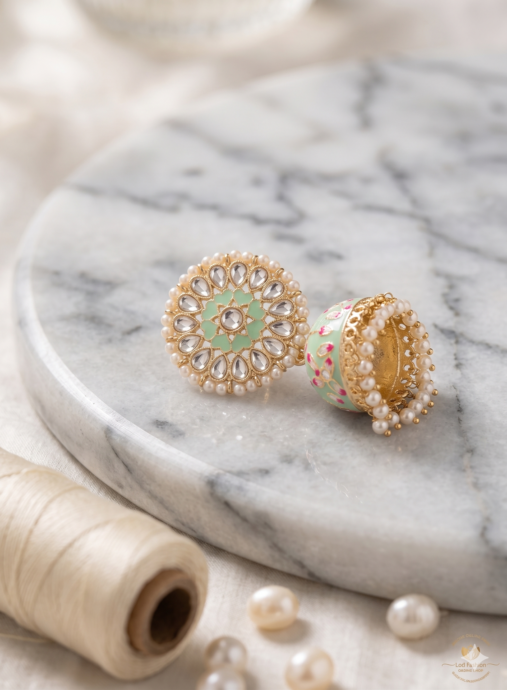 Mint Green Pastel Meenakari Jhumka Earrings with Kundan & Pearl Accents