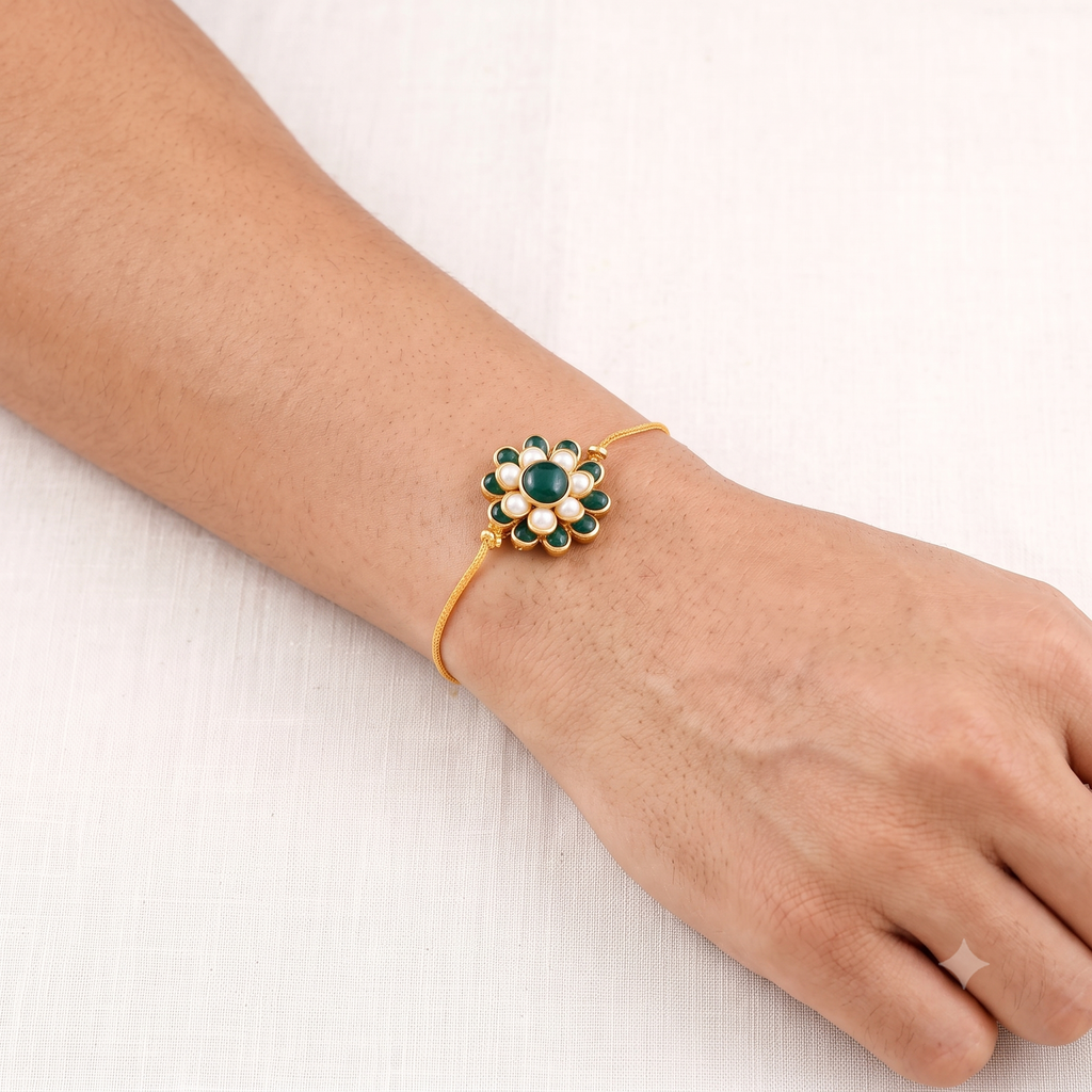 Elegant Bhaiya Bhabhi Rakhi Set – Green Floral Thread Rakhi & Pearl Lumba Bracelet Set