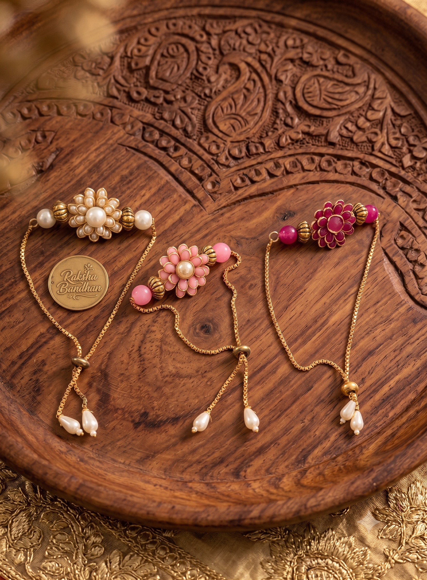 Set of 3 Designer Rakhi Bracelets for Brother - Pearl, Pink, and Maroon Floral Raksha Bandhan Combo Pack