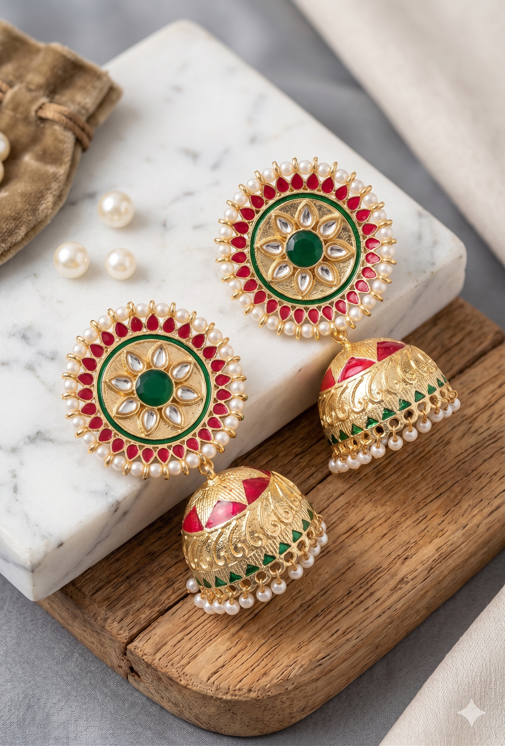Elegant Traditional Jhumka Earrings with Kundan and Pearl Detailing