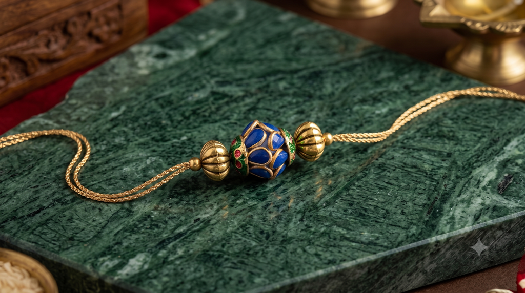 Handcrafted Meenakari Evil Eye Rakhi for Brother | Traditional Blue & Gold Festive Thread