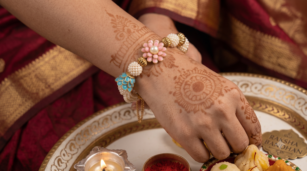 Handcrafted Aurora Pearl & Enamel Rakhi Set - Set of 2 matching rakhis for brother and sister, with intricate blue lotus bead and pink flowers. Gift-ready packaging and fast shipping within India.