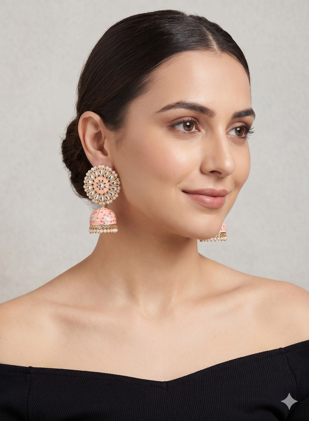 Blush Pink Meenakari Jhumka Earrings with Kundan & Pearl Accents