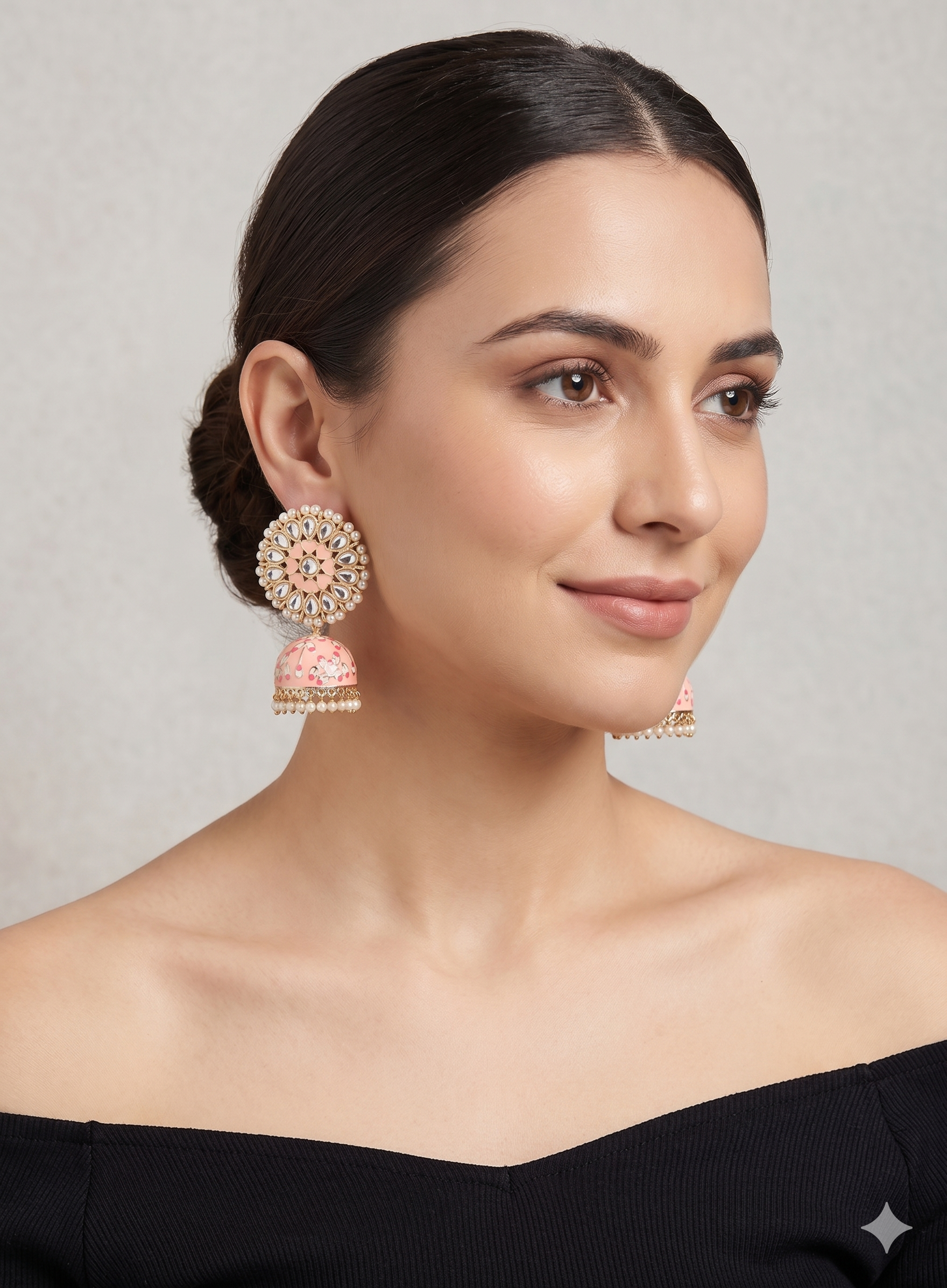 Blush Pink Meenakari Jhumka Earrings with Kundan & Pearl Accents