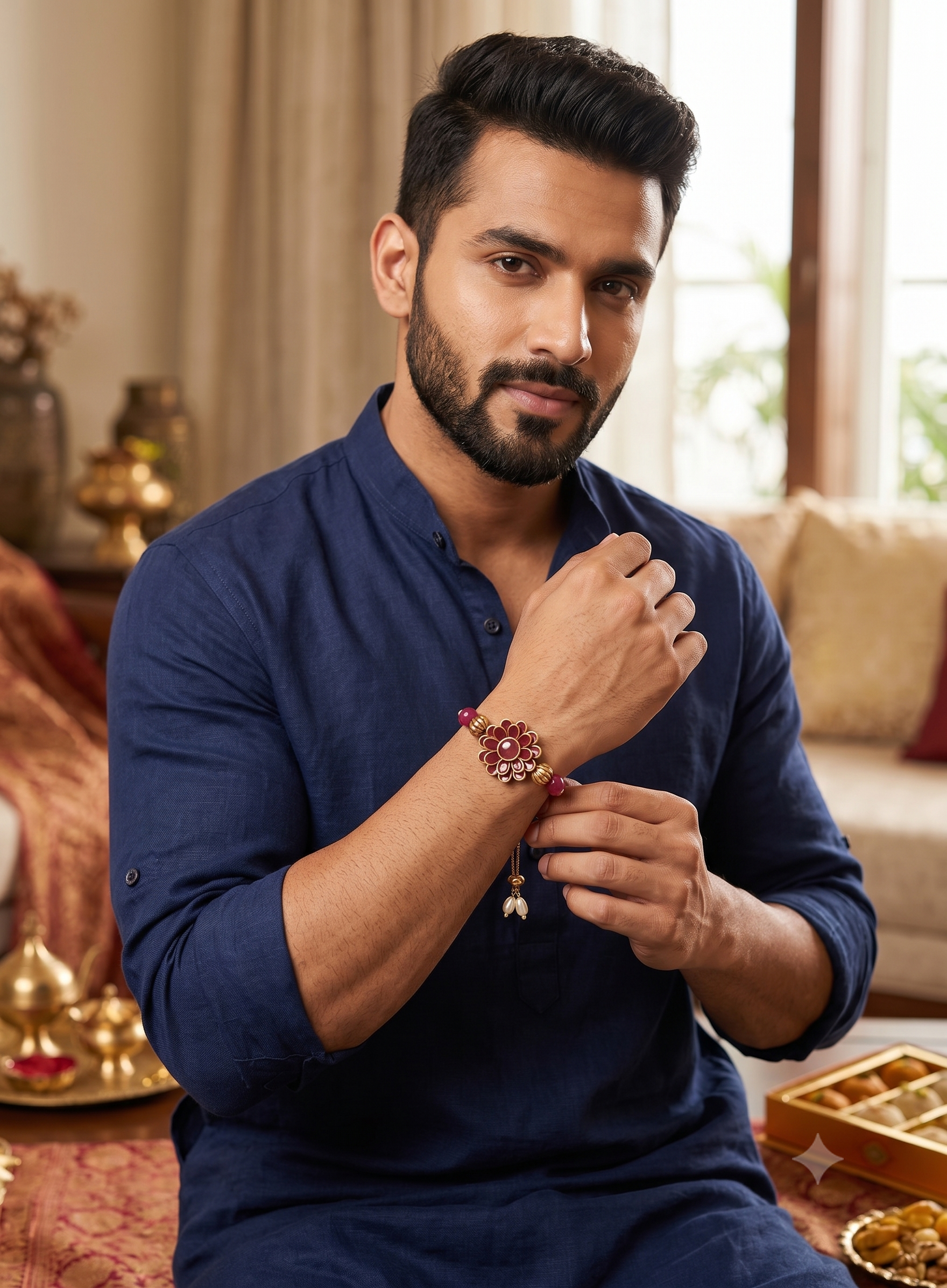 Set of 3 Designer Rakhi Bracelets for Brother - Pearl, Pink, and Maroon Floral Raksha Bandhan Combo Pack