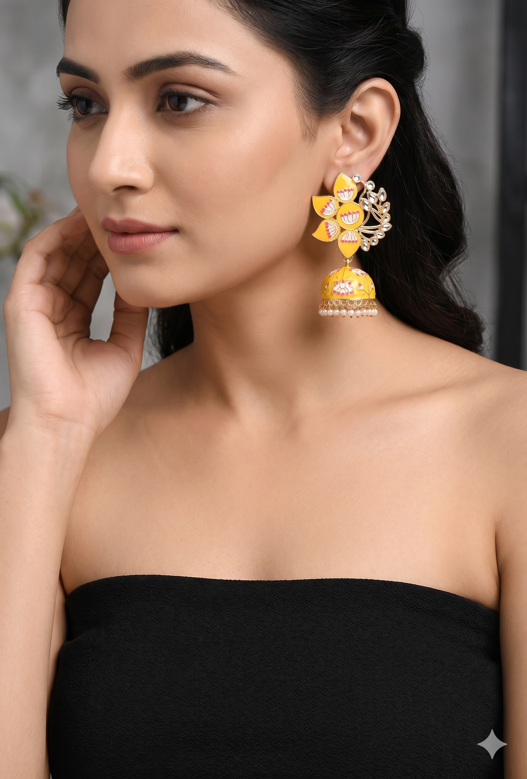 Yellow Enamel Lotus Jhumka Earrings | Traditional Indian Jewelry for Weddings