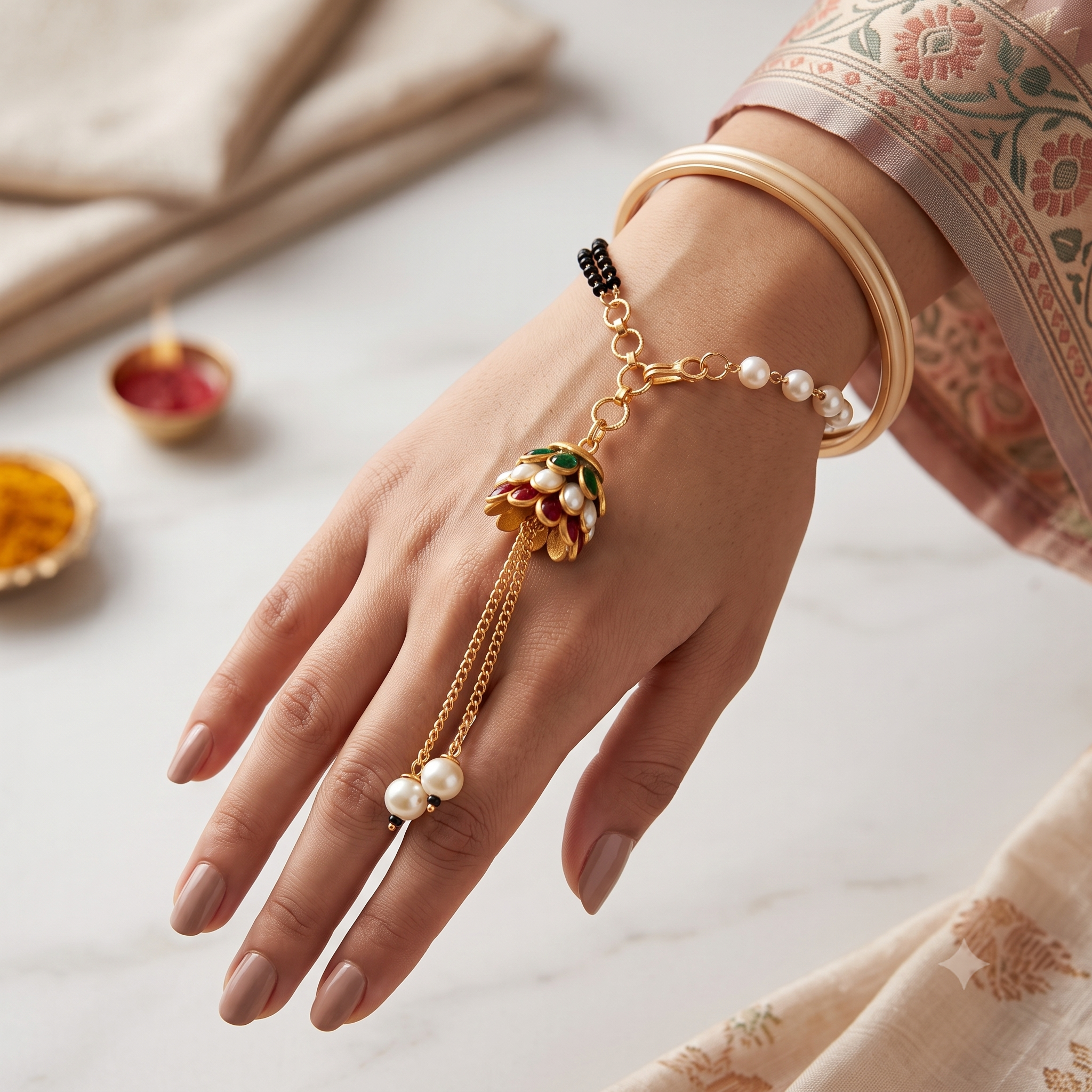 Designer Rakhi Set for Bhaiya Bhabhi – Premium Flower Thread Rakhi & Elegant Pearl Lumba Bracelet Set