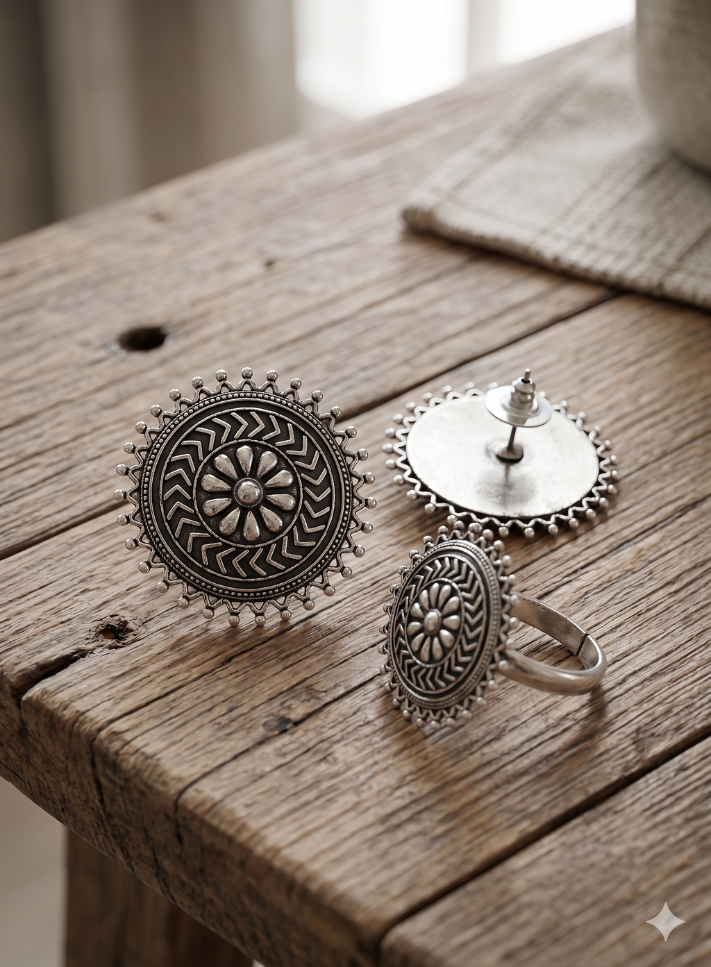 Handcrafted Oxidized Silver Mandala Stud Earrings - Boho Tribal Statement Studs
