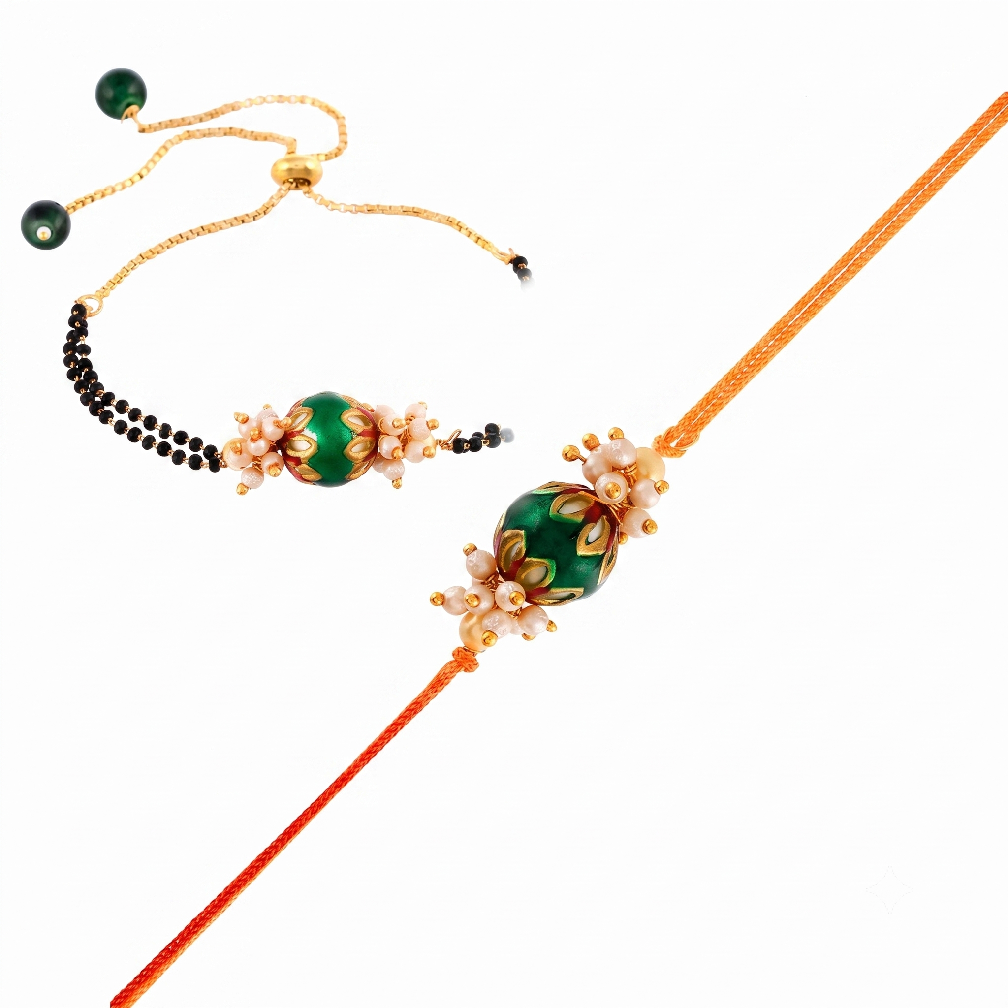 Handcrafted Rakhi and Lumba Set – Green Meenakari & Pearl Couple Rakhi (Bhaiya Bhabhi Set)
