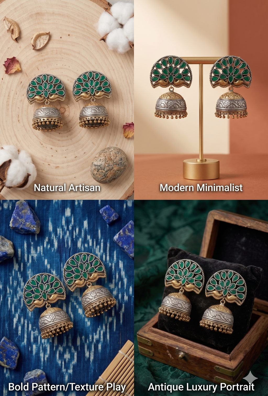 Antique Dual-Tone "Mayur" Peacock Jhumkas with Emerald-Green Stones