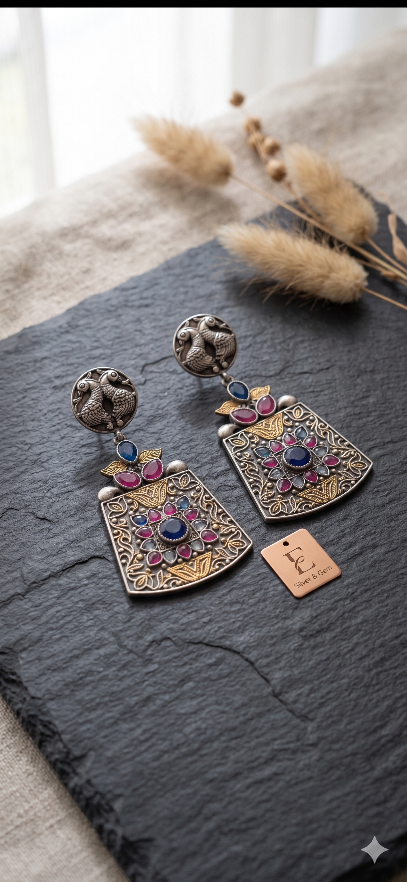 Vintage-Style Dual Peacock Oxidized Silver Earrings with Ruby & Sapphire Accents