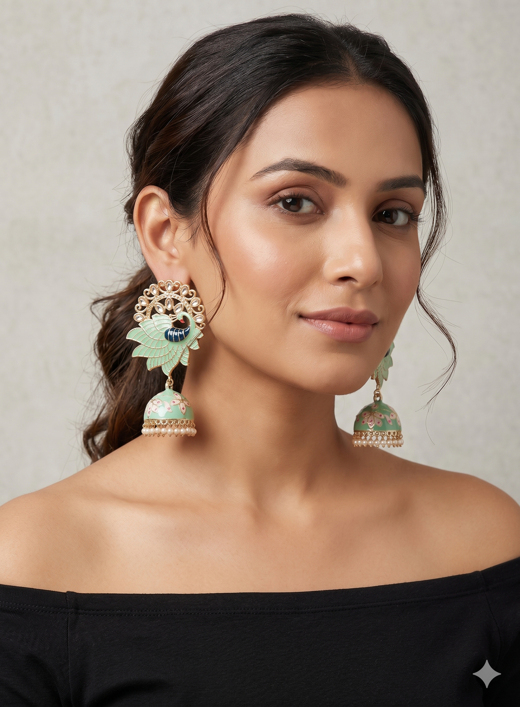 Mint Green Meenakari Peacock Jhumka Earrings – Handcrafted Traditional Drop Earrings