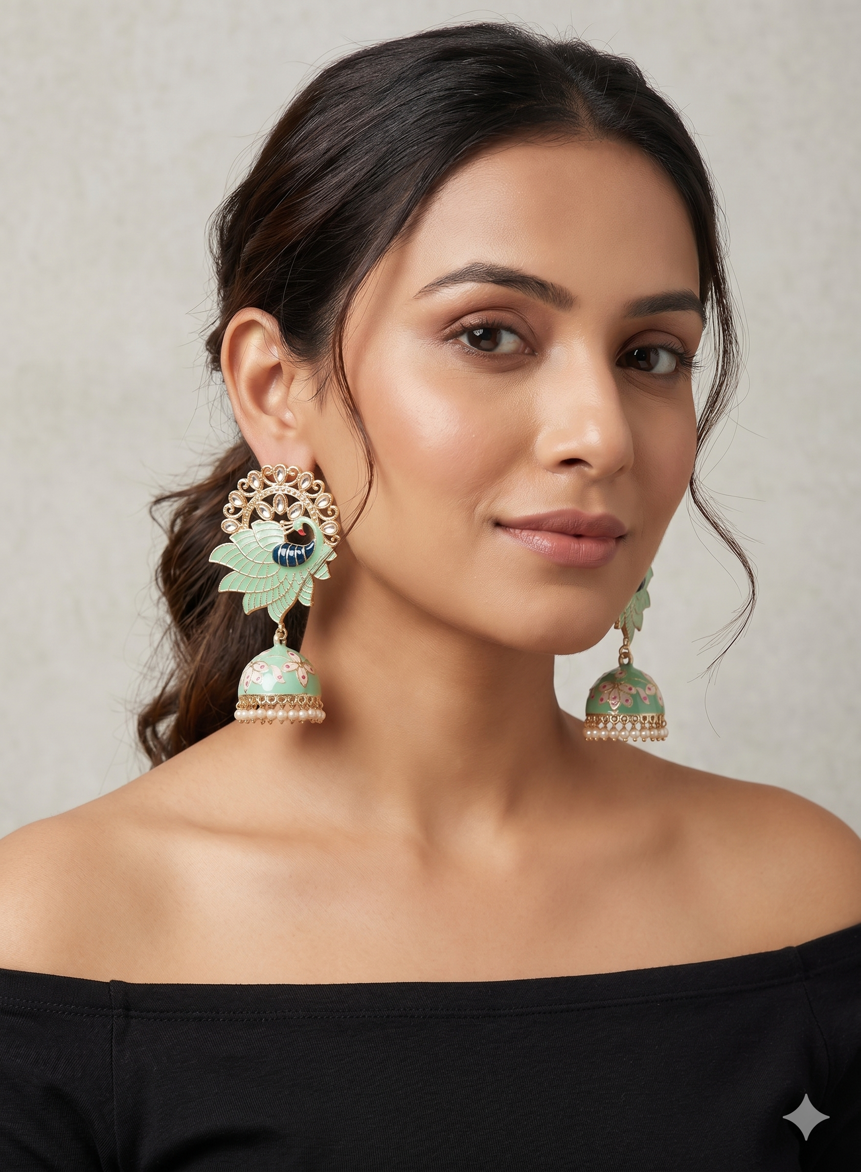 Mint Green Meenakari Peacock Jhumka Earrings – Handcrafted Traditional Drop Earrings
