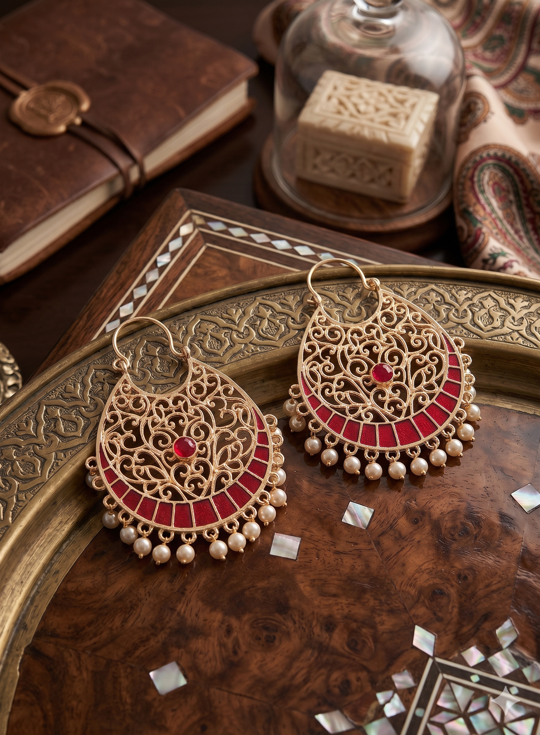 Kundan & Ruby Red Filigree Chandbali Earrings with Pearl Droplets