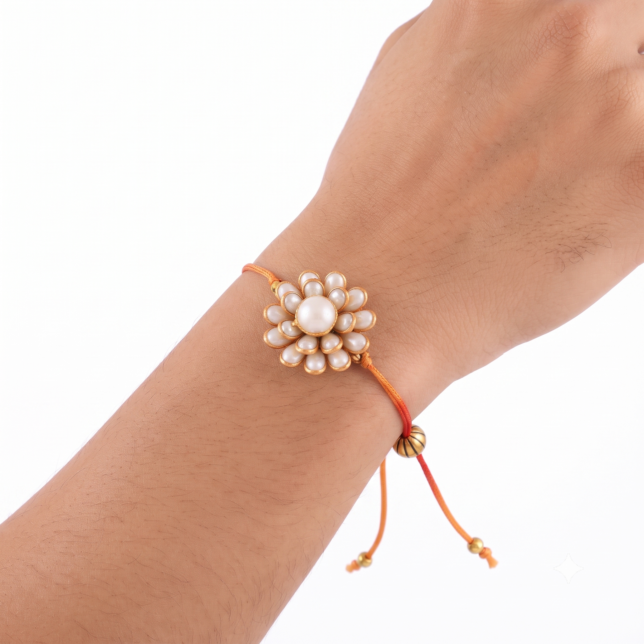 Elegant Pearl & Black Bead Mangalsutra Bracelet and Floral Rakhi Gift Set for Sister