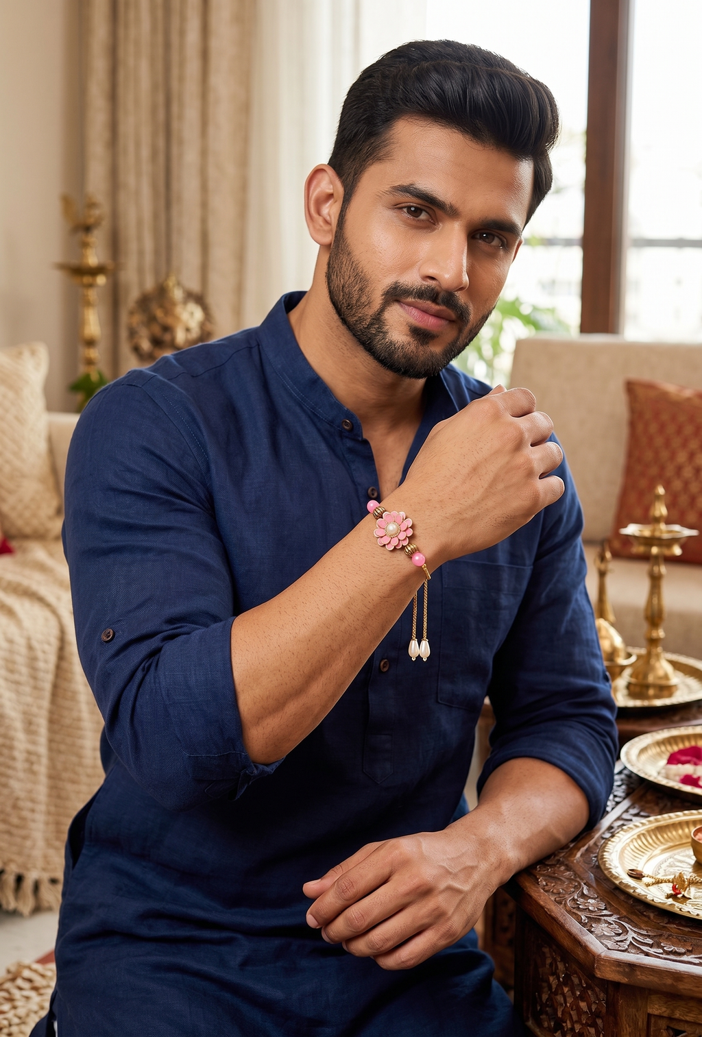 Set of 3 Designer Rakhi Bracelets for Brother - Pearl, Pink, and Maroon Floral Raksha Bandhan Combo Pack