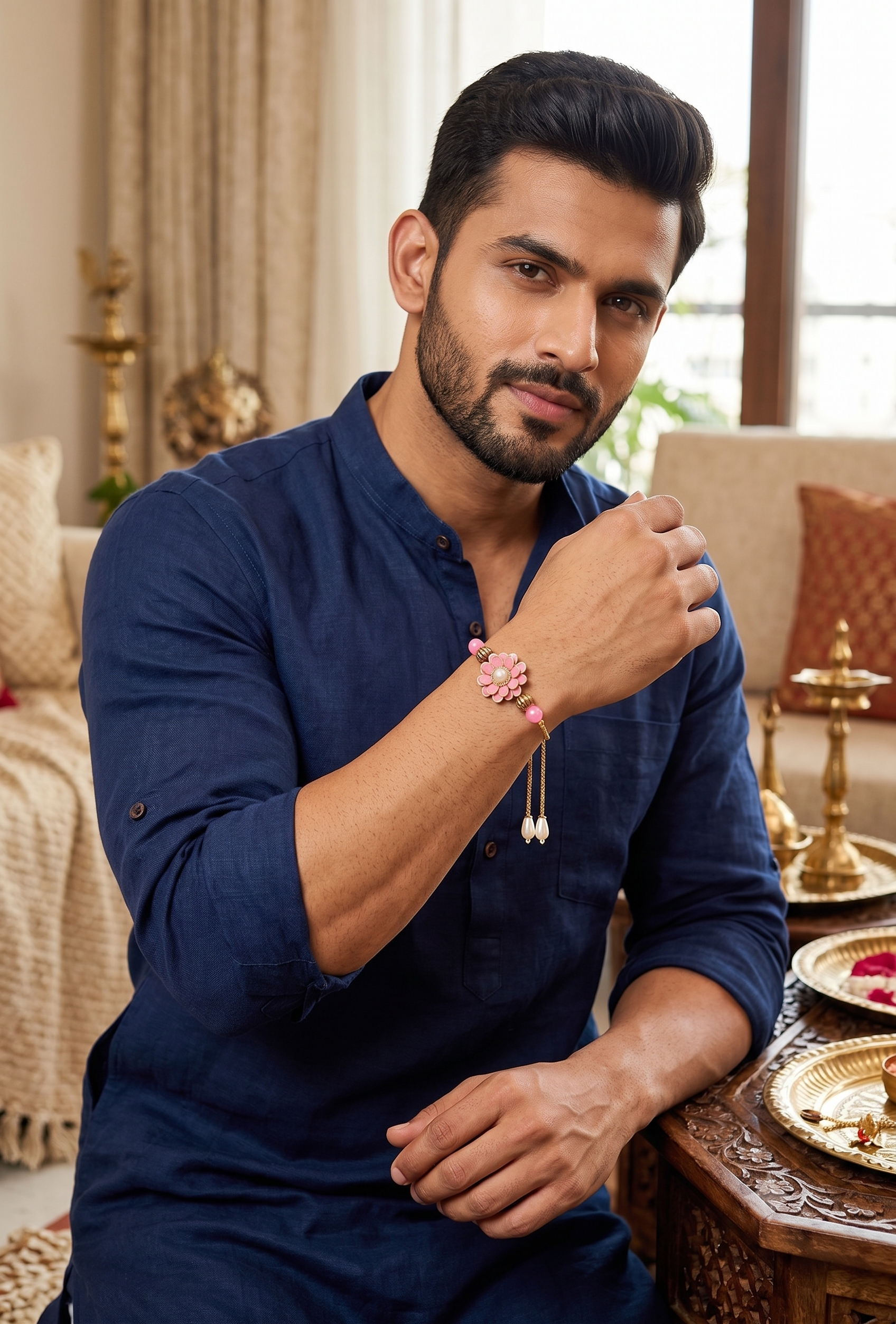 Set of 3 Designer Rakhi Bracelets for Brother - Pearl, Pink, and Maroon Floral Raksha Bandhan Combo Pack