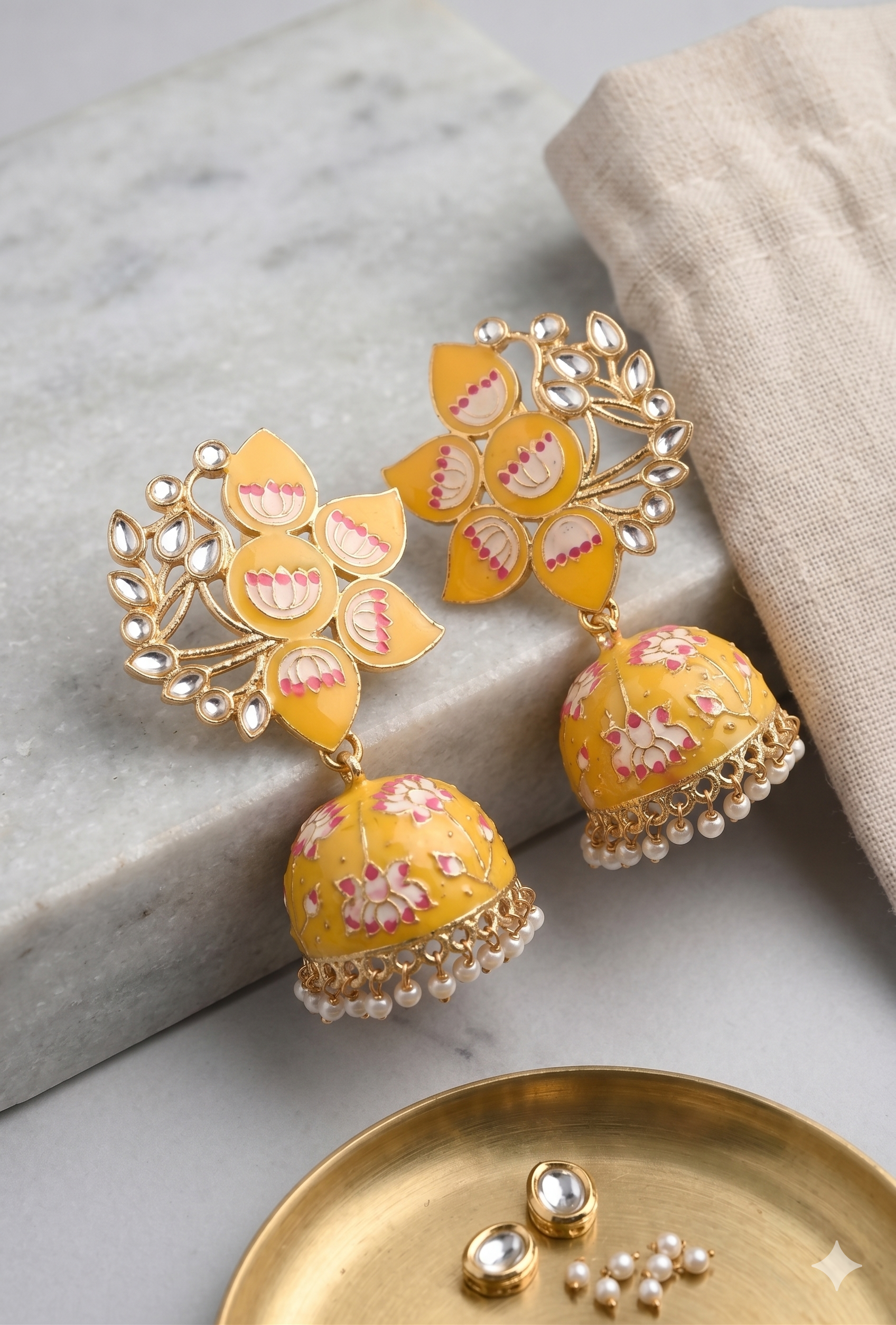 Yellow Enamel Lotus Jhumka Earrings | Traditional Indian Jewelry for Weddings