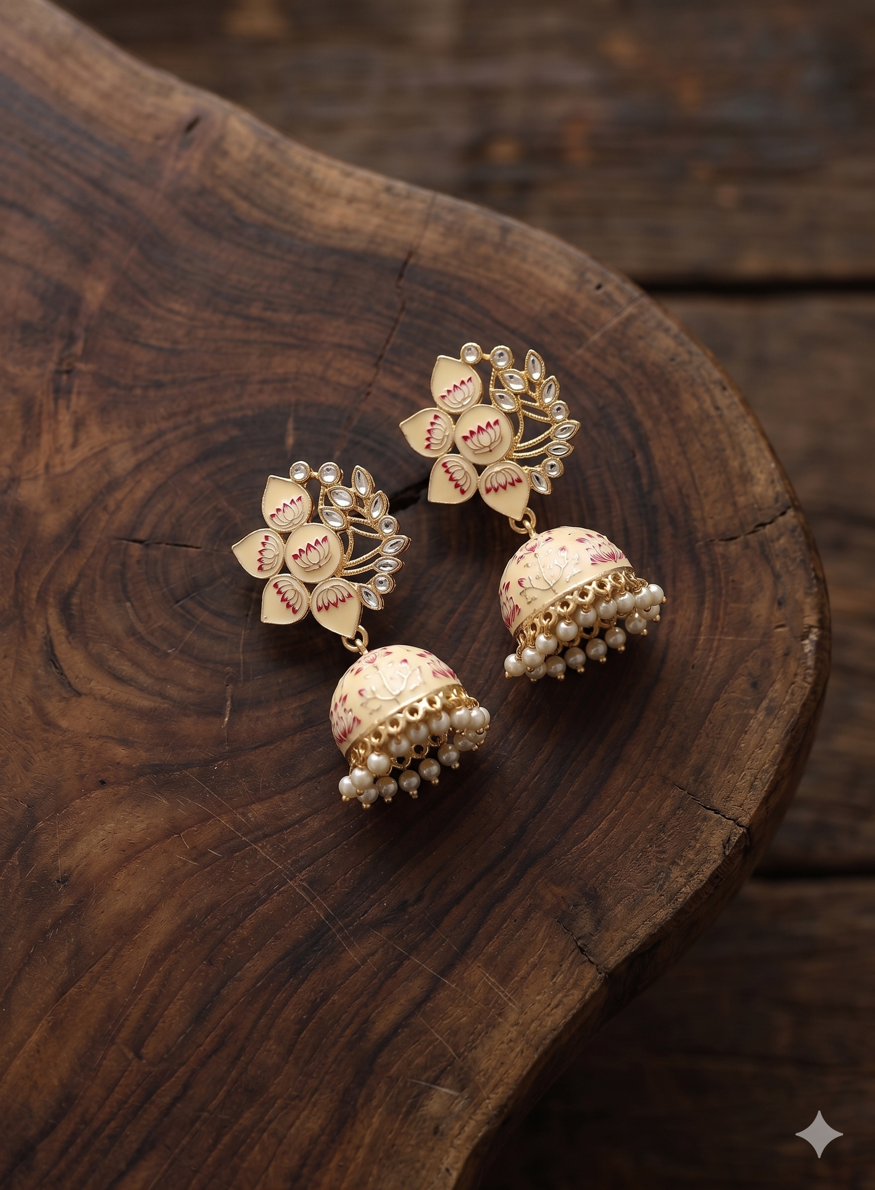 Hand-Painted Beige Lotus Jhumka Earrings with Kundan & Pearl Accents
