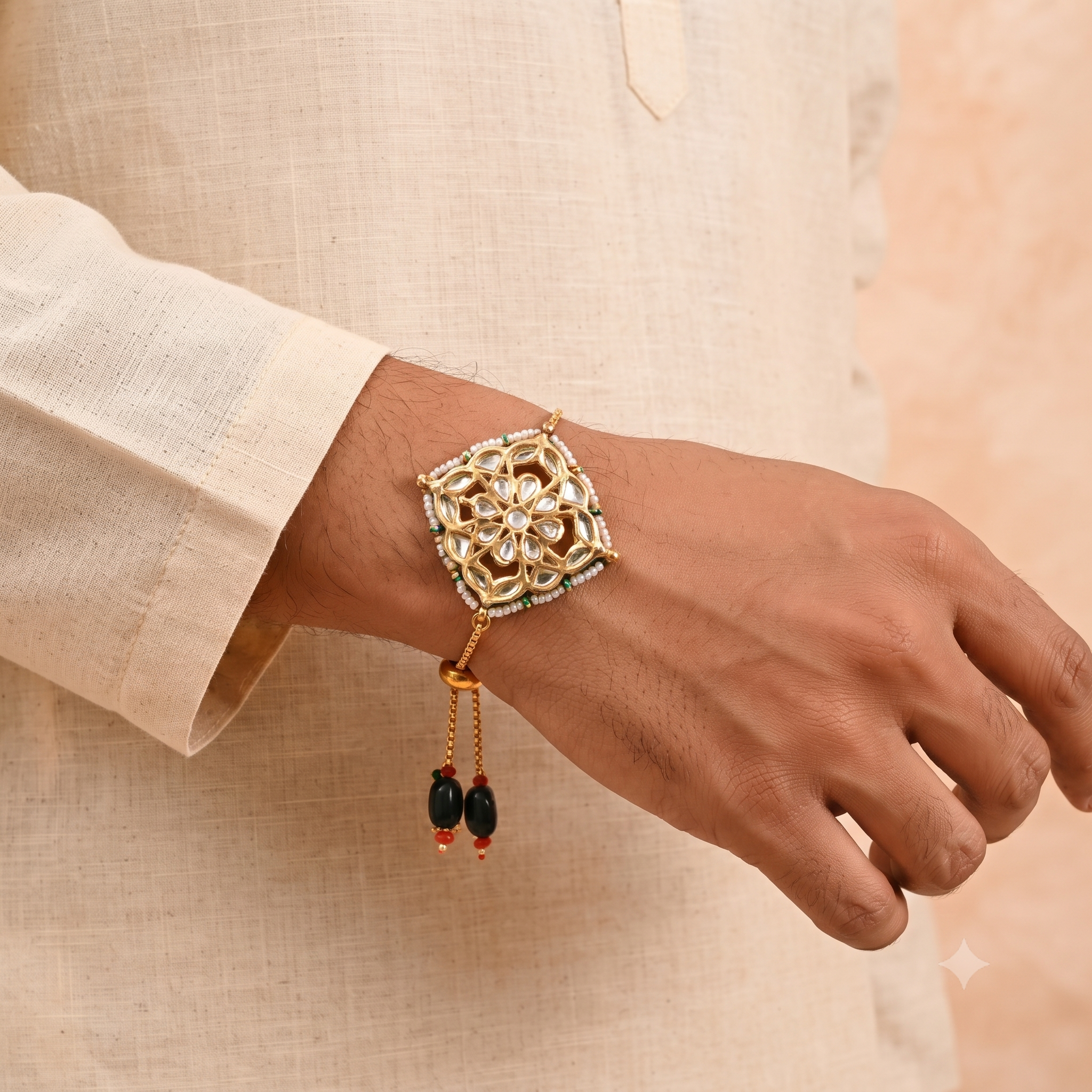 Handcrafted Kundan & Pearl Adjustable Rakhi Bracelet – Premium Festive Gift