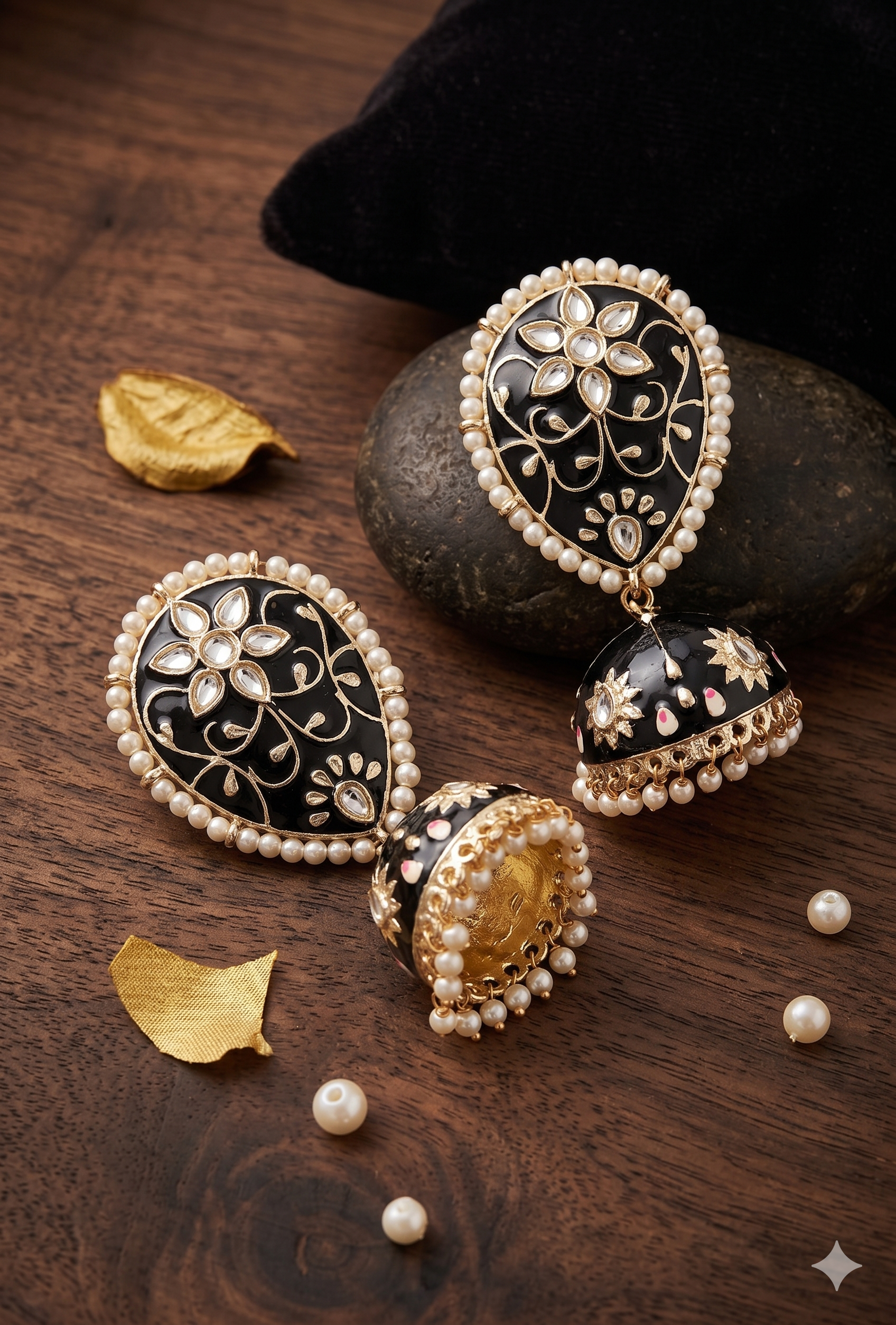 Handcrafted Black Meenakari Jhumka Earrings with Pearl Borders