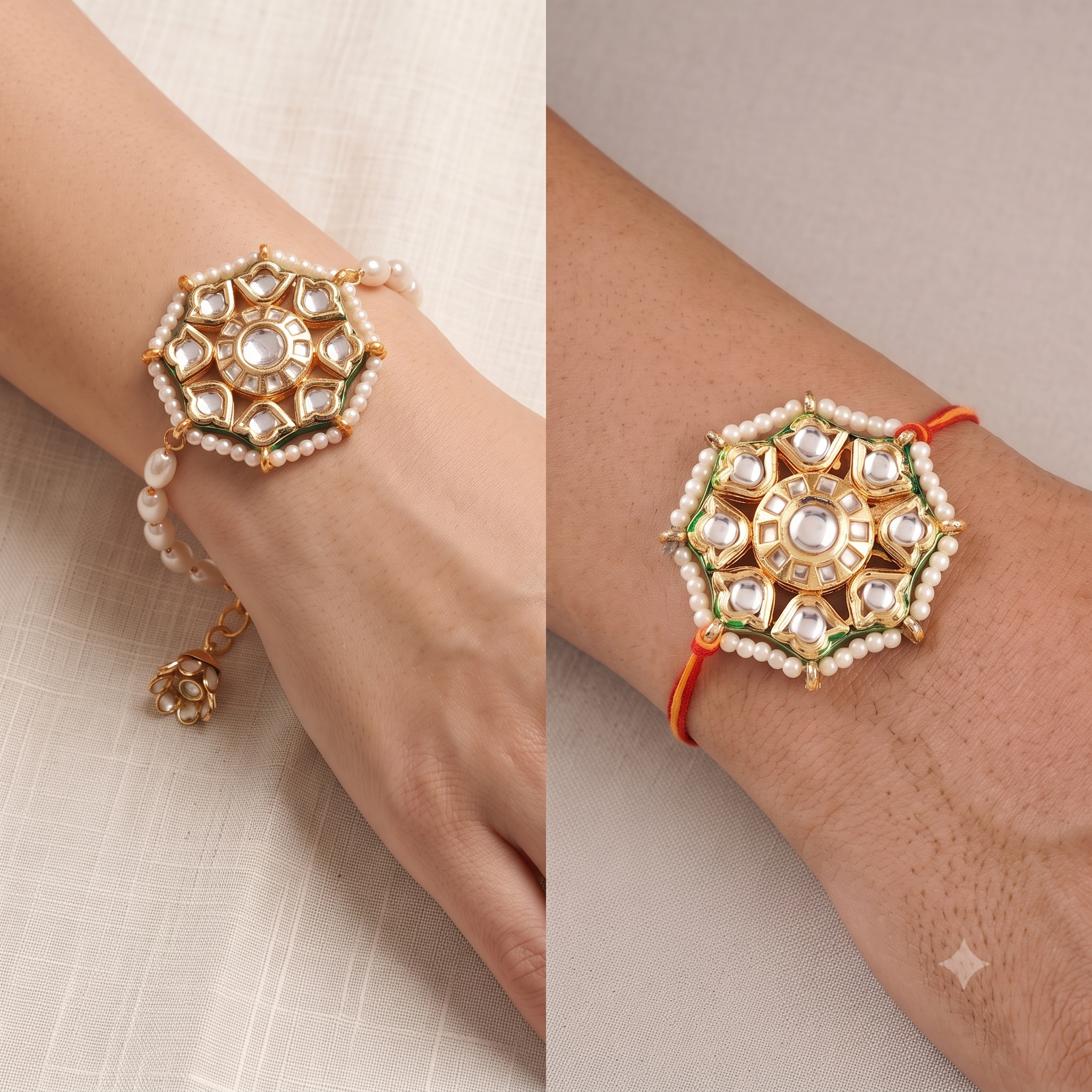 Designer Bhaiya Bhabhi Rakhi Set - Matching Kundan & Pearl Lumba Rakhi for Brother and Sister-in-Law