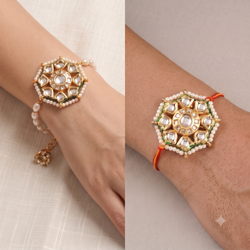 Designer Bhaiya Bhabhi Rakhi Set - Matching Kundan & Pearl Lumba Rakhi for Brother and Sister-in-Law