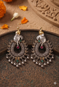 Vintage-Inspired Oxidized Silver Elephant Chandbali Earrings with Dual-Tone Accents