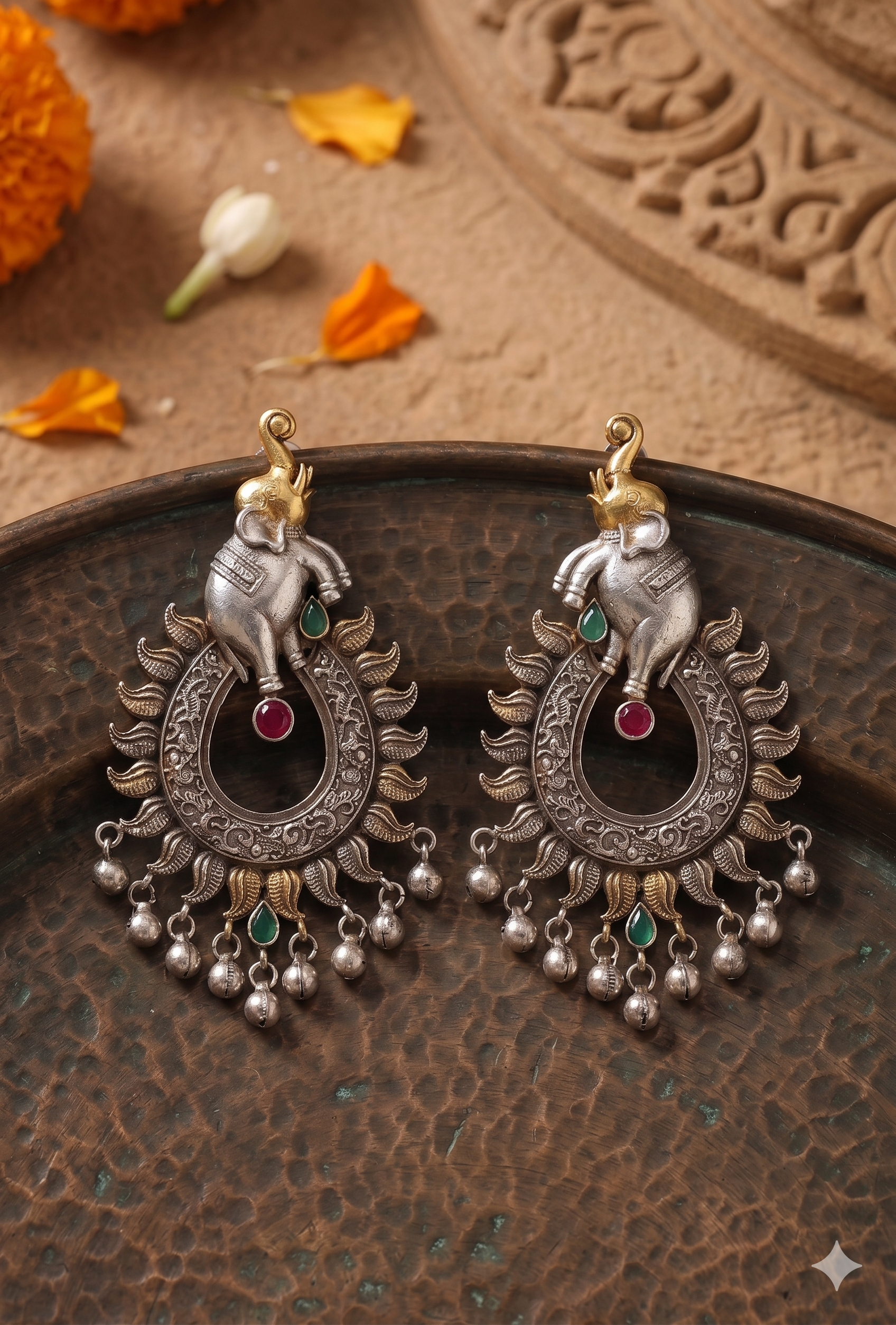 Vintage-Inspired Oxidized Silver Elephant Chandbali Earrings with Dual-Tone Accents