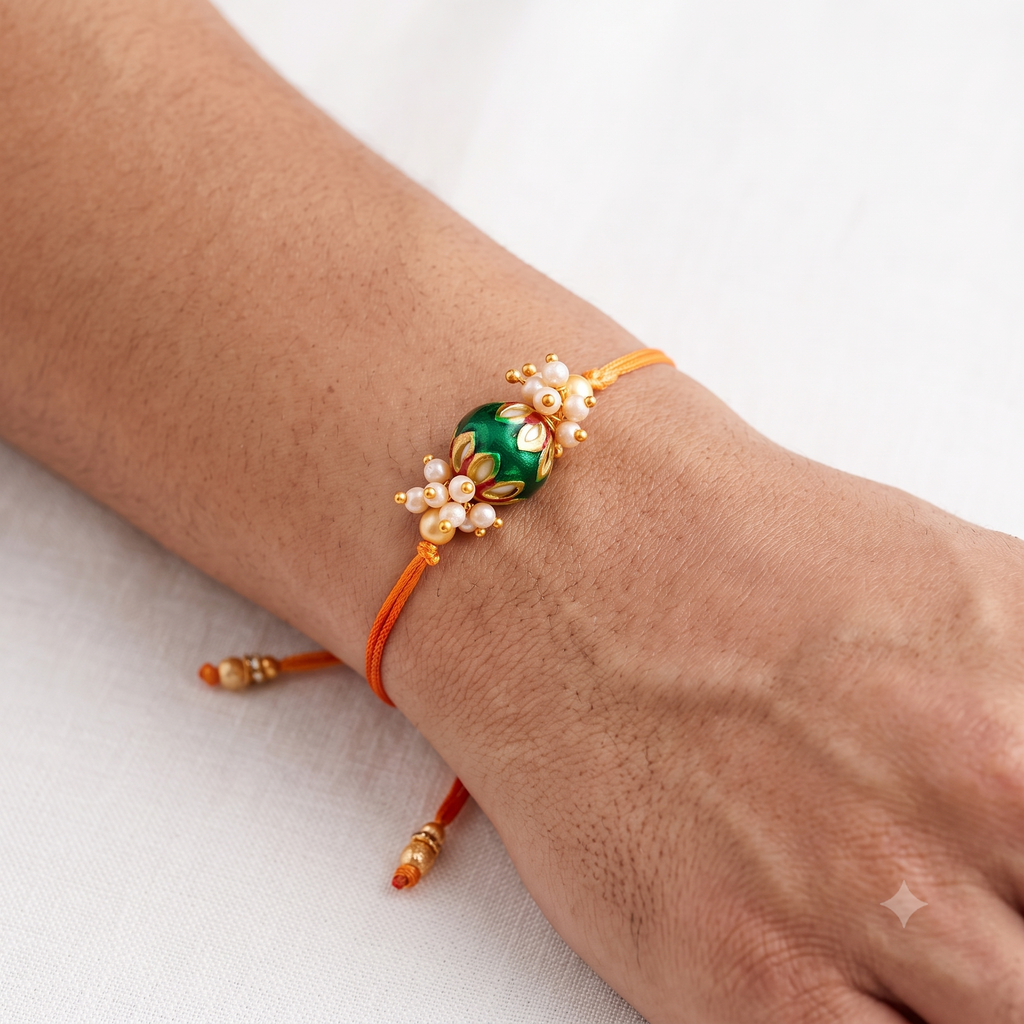 Handcrafted Rakhi and Lumba Set – Green Meenakari & Pearl Couple Rakhi (Bhaiya Bhabhi Set)