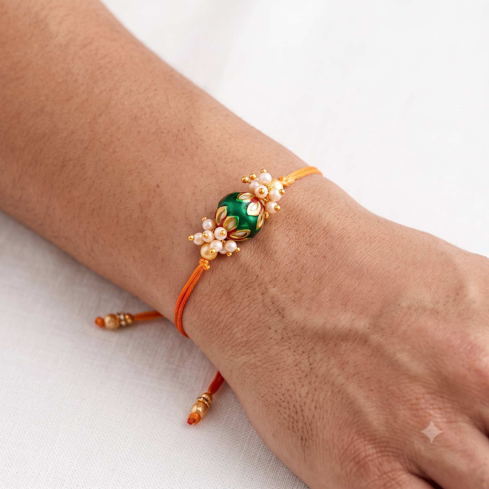 Handcrafted Rakhi and Lumba Set – Green Meenakari & Pearl Couple Rakhi (Bhaiya Bhabhi Set)