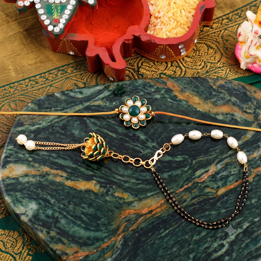 Elegant Bhaiya Bhabhi Rakhi Set – Green Floral Thread Rakhi & Pearl Lumba Bracelet Set