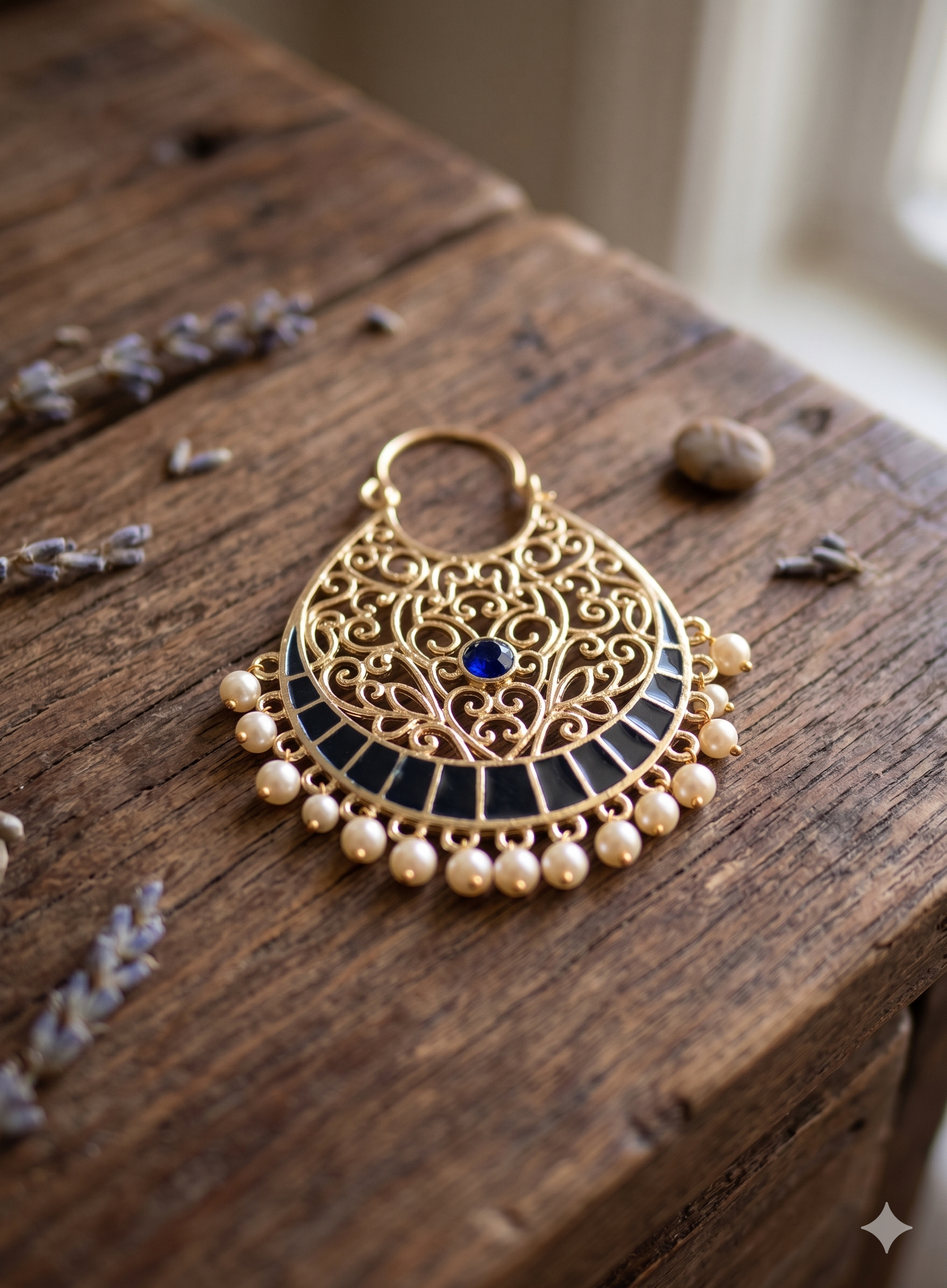 Royal Blue Enamel & Pearl Filigree Hoop Earrings – Gold Plated Chandbali Drop Earrings