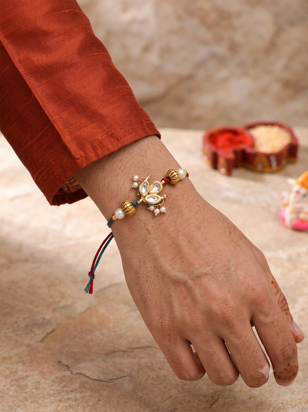 Premium Floral Kundan Rakhi with Pearl Accents | Traditional Handcrafted Designer Rakhi for Brother