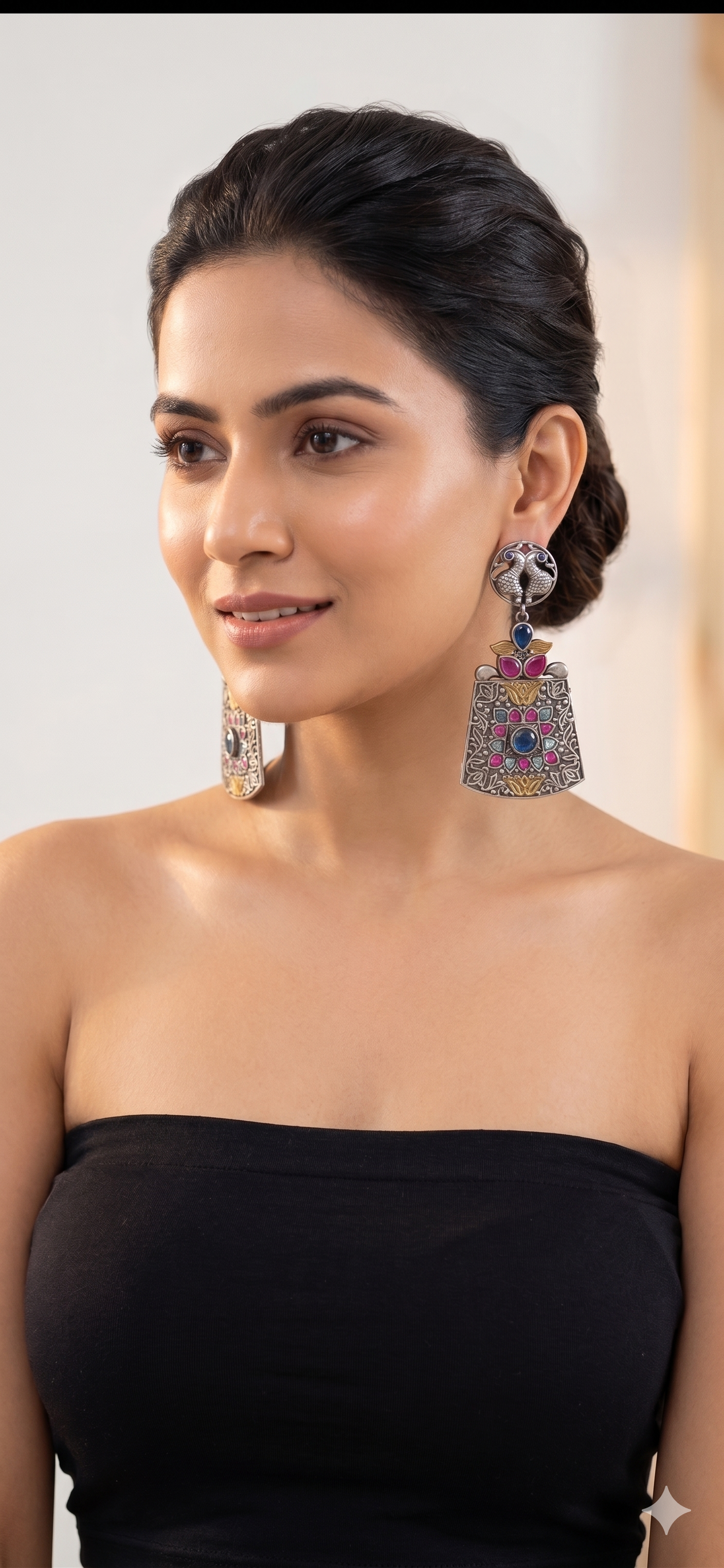 Vintage-Style Dual Peacock Oxidized Silver Earrings with Ruby & Sapphire Accents